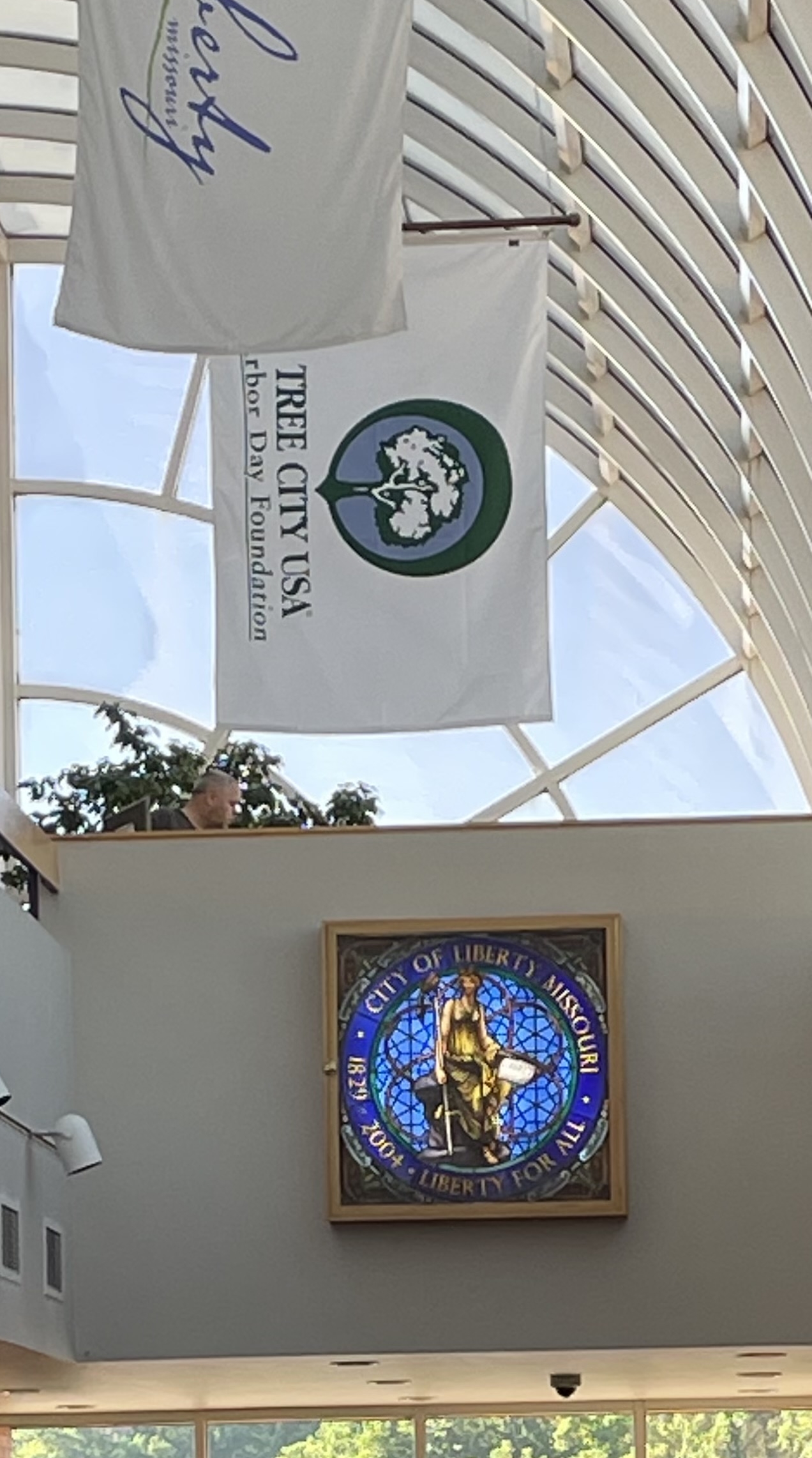 Photo of the City of Liberty flag hanging from the old ceiling in City Hall Photo of the City of Liberty flag hanging from the old ceiling in City Hall